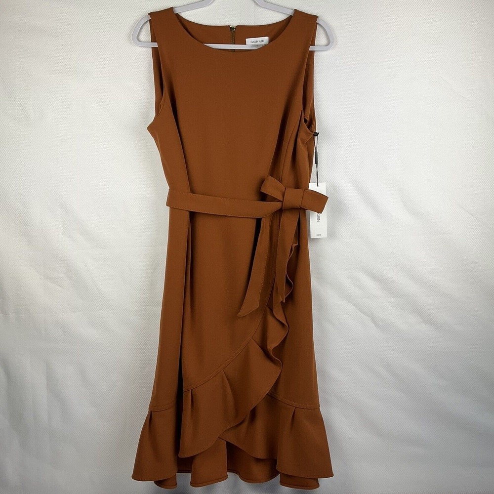 Calvin Klein Ruffled Tulip-Hem Dress Luggage Brown size 14
